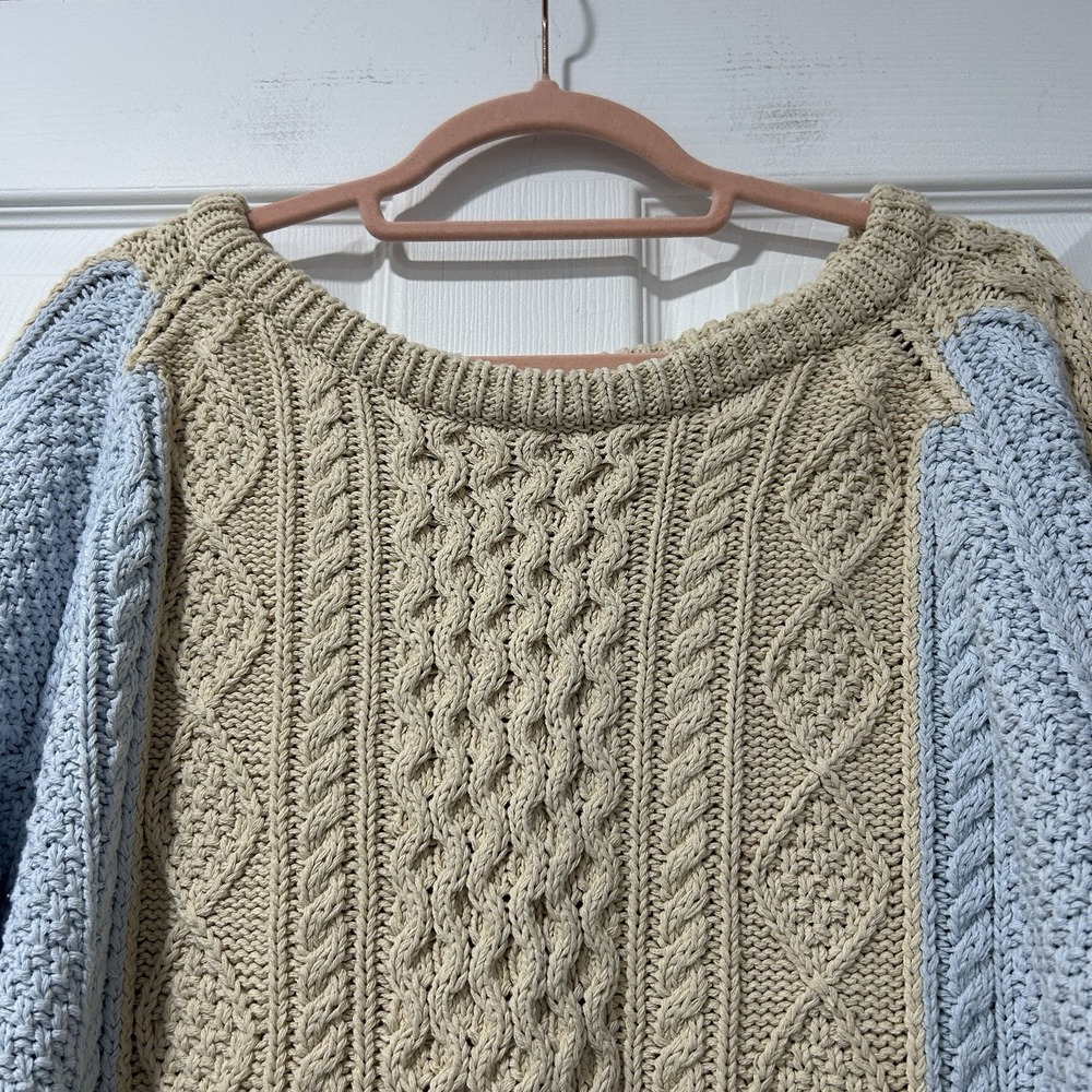 LL Bean Signature Womens Size L Beige Fisherman Cable Knit Sweater 100% Cotton - Picture 3 of 10